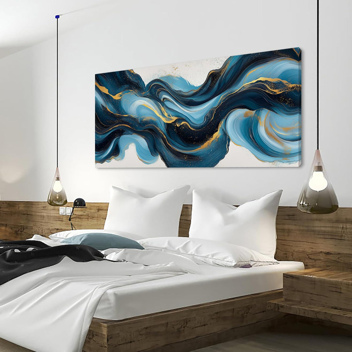 Abstract Blue and Gold Swirling Stripe Wall Art for Living Room Office Contemporary Art Deco White Background Painting Prints Modern Canvas Artwork Over the Couch Bedroom Decor Extra Large (58"L x 28"W / Blue and Gold Swirling Stripe Wall Art (K870))