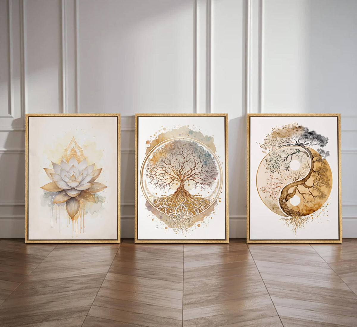 3pcs Framed Tree of Life Canvas Wall Art Gold Lotus Zen Painting Picture Wall Decor Abstract Yin Yang Poster Print Artwork for Living Room Yoga Room Hotel Bedroom Home Decoration Wood Color Framed (Wood grain frame / 16"L x 12"W)