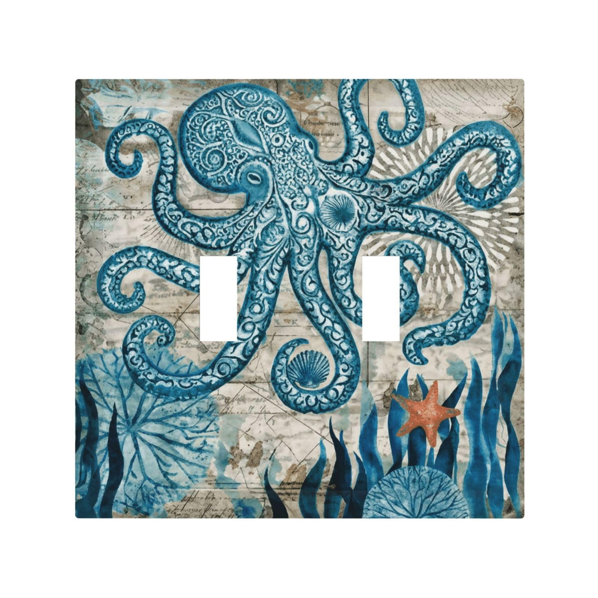 Nautical Ocean Starfish Octopus Decorative 2 Gang Double Toggle Outlet Light Switch Cover (Nautical Ocean Starfish Octopus / 2 Gang Toggle Mid)