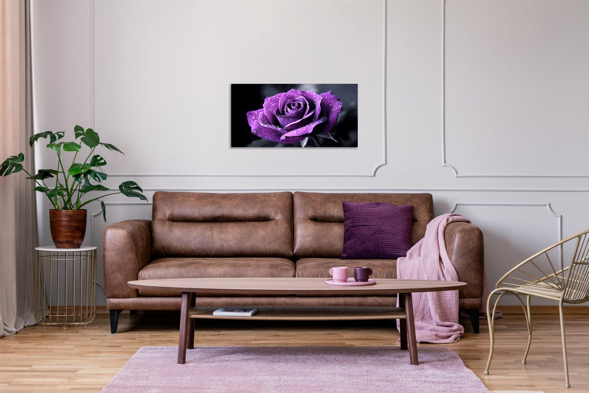 1 Panel Purple Flower Pictures Canvas Wall Art Purple Black and White Purple Rose with Dewdrops Artwork Painting on Canvas Stretched and Framed for Home Decor Living Room 20x40 inch (40"L x 20"W / Purple Flower 12)