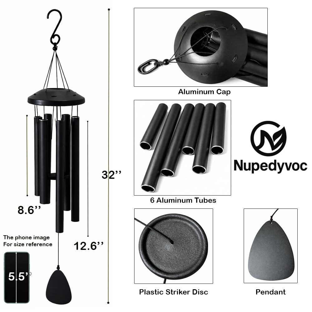 32” Large Black Aluminum Wind Chimes with Aluminum Cap for Outside (Black Aluminum Wind Chimes With Aluminum Cap)