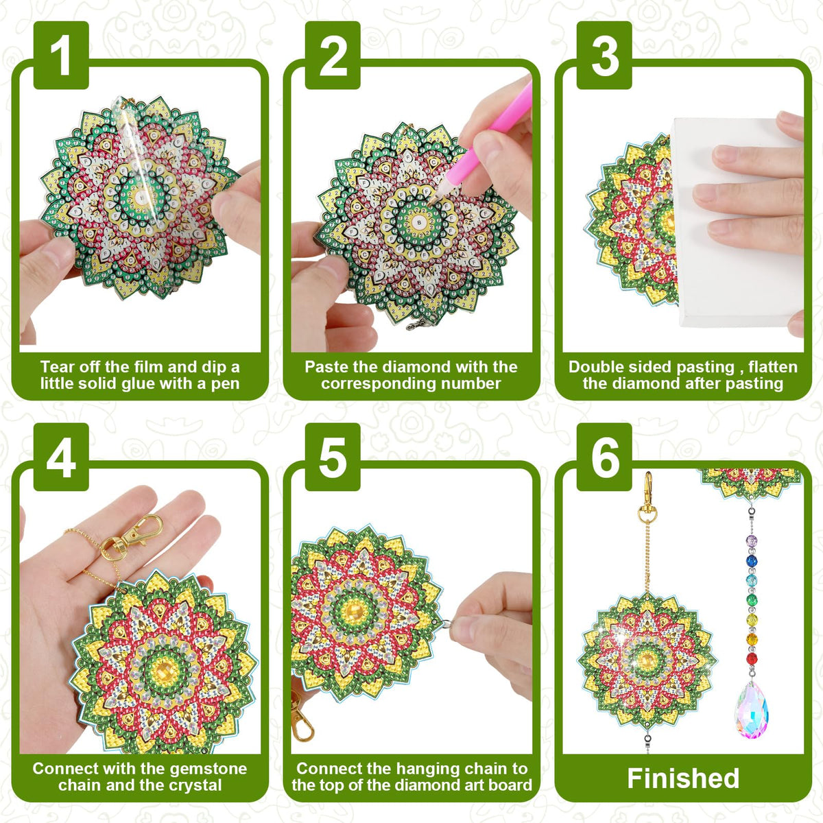 6 Pcs Diamond Painting Art Suncatcher Mandala Double Sided Wind Chimes DIY Paint Crafts for Adults Window Home Garden Car Ornament Decor (Mandala)