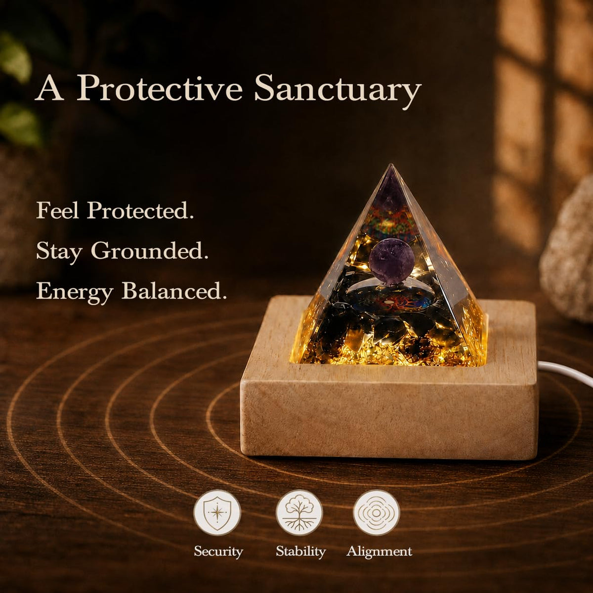 Orgone Pyramid Lamp with LED Wooden Base (Plug-in-Protective Shield)