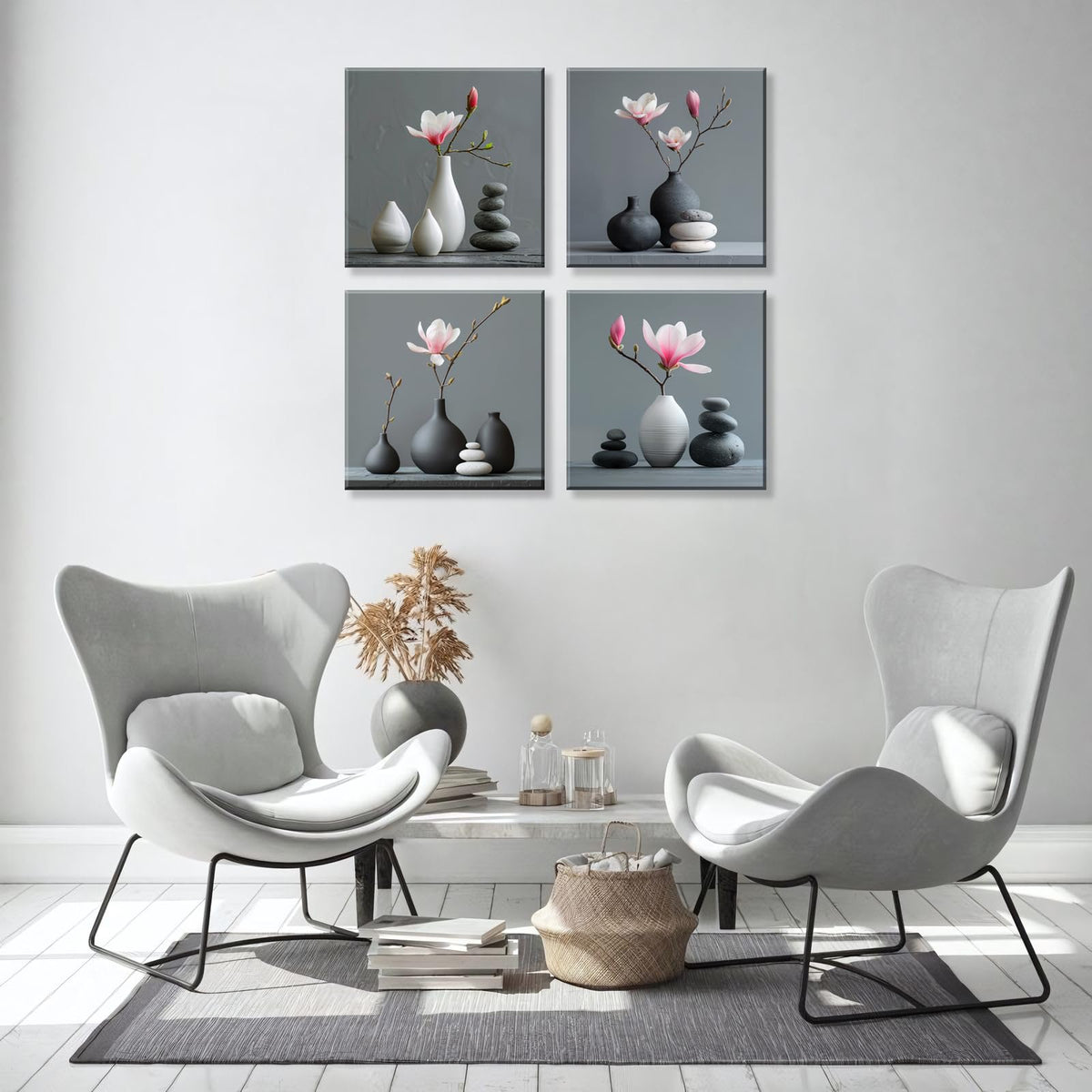 Modern Floral Art 4Pcs Magnolia Flowers & Zen Stones Art Minimalist Zen Magnolia Flower Black Vases Framed Canvas Prints Home Decor Contemporary Zen Decor Wall Art for Bedroom Bathroom (12X12inchX4 / Flowers in Vase)