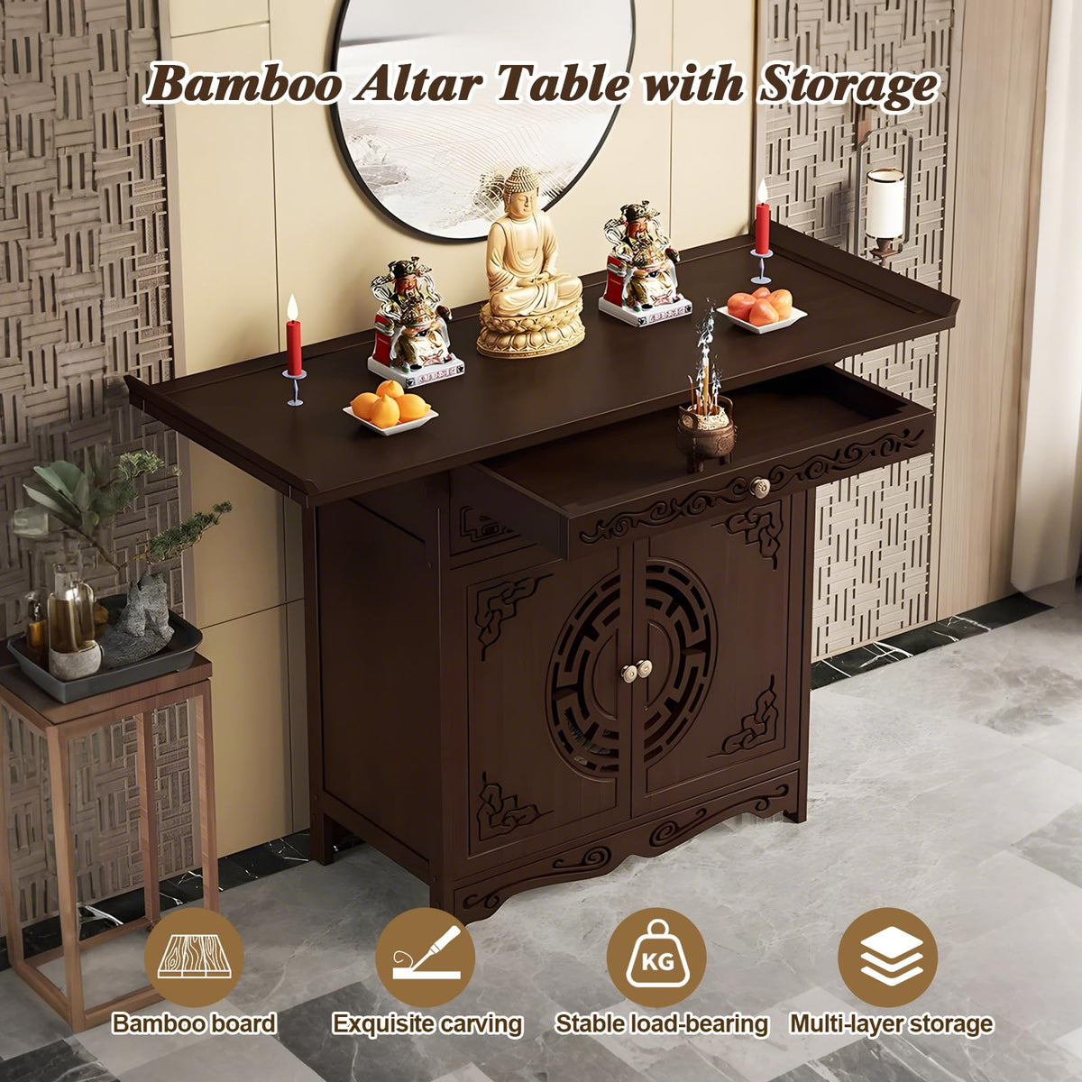 Altar Table with Drawer and Door (47.2''×15.7''×39.4''/120×40×100cm / Walnut With Door)