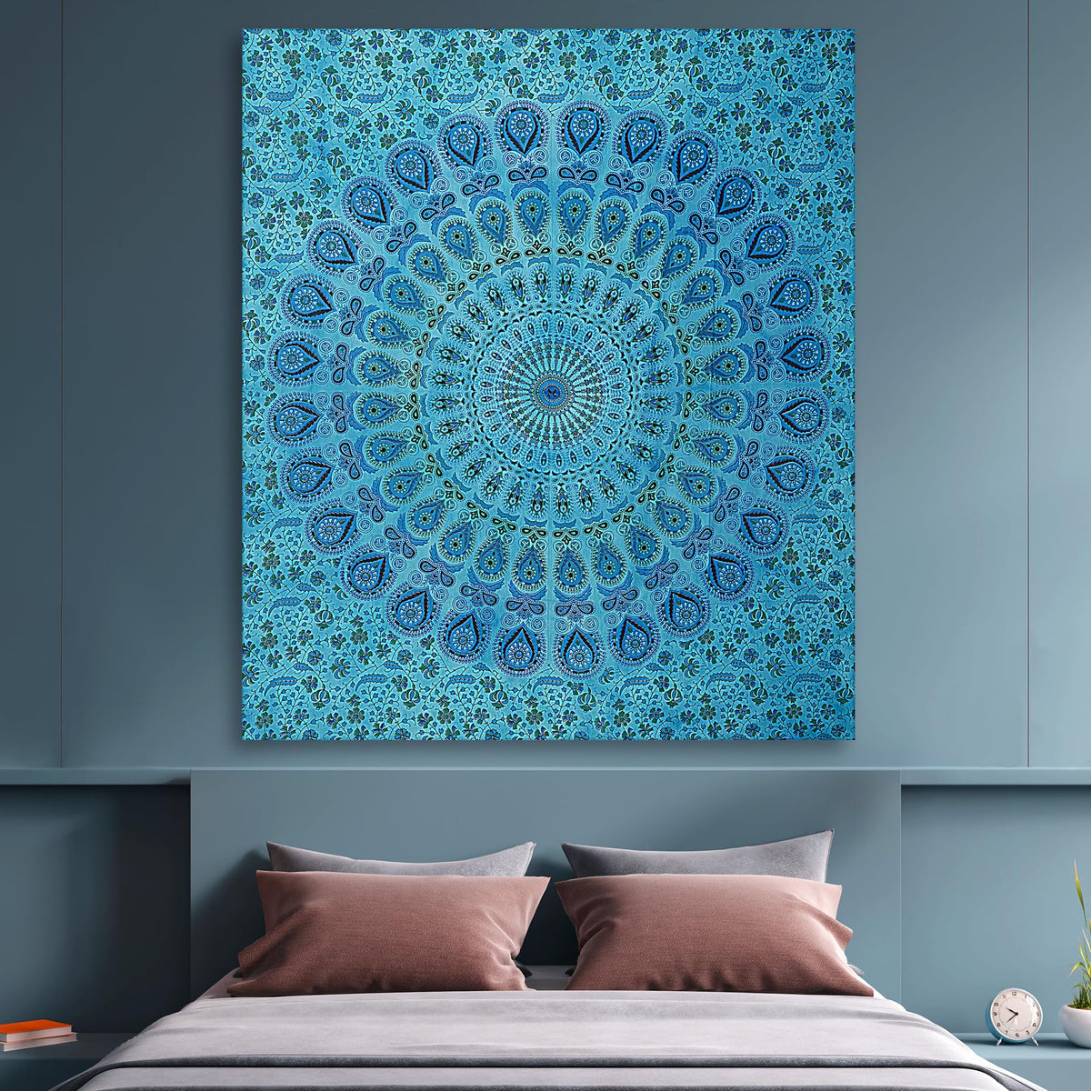 Handmade Cotton Peacock Mandala Tapestry (90"L x 84"W / Turquoise)