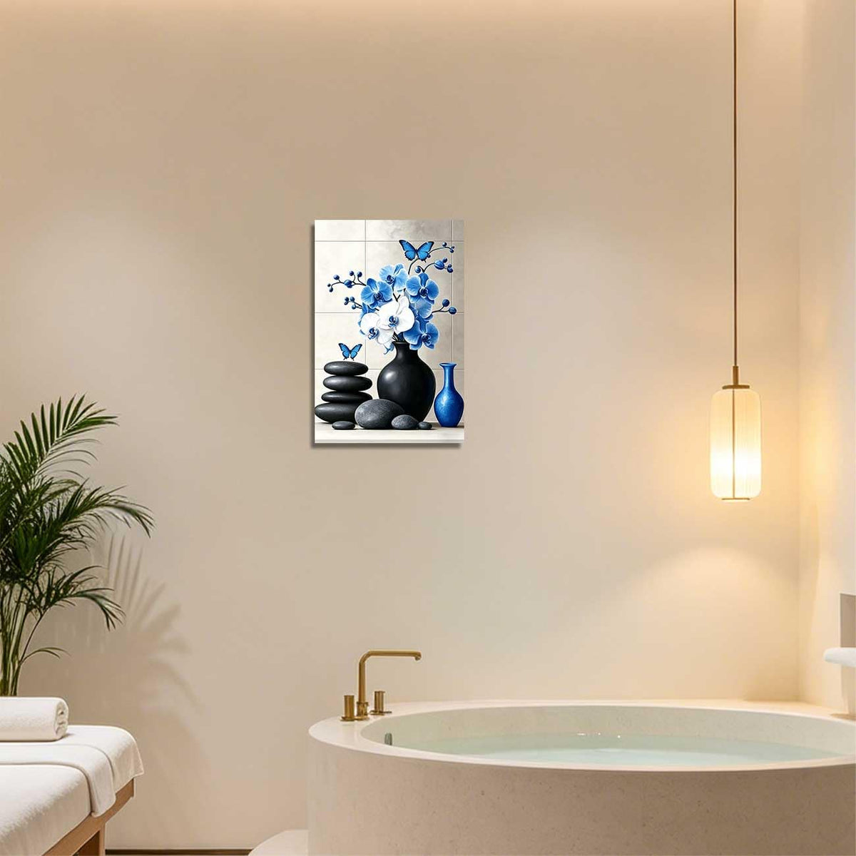 Orchid Flower Canvas Wall Art Zen Bathroom Pictures Prints Spa Stone Butterfly Wall Decor Black White Yoga Meditation Paintings for Living Room Bedroom (Blue / 30"L x 20"W)