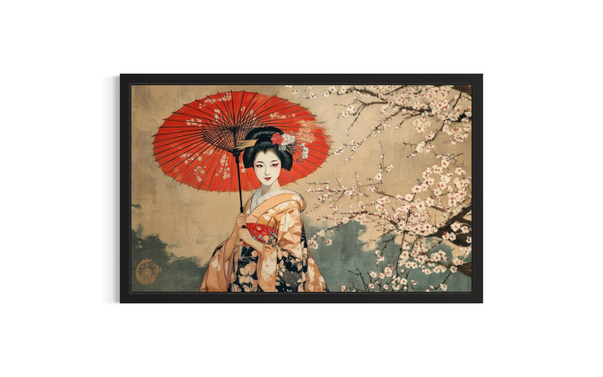 Geisha and Cherry Blossoms Framed Wall Art Print Poster (Geisha and Cherry Blossoms / 14"L x 11"W)