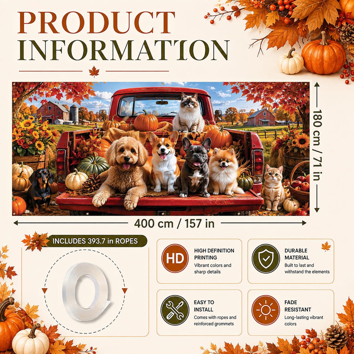 Thanksgiving Garage Door Banner Red Truck 6x13FT Fall Harvest Backdrop (Dog Families)