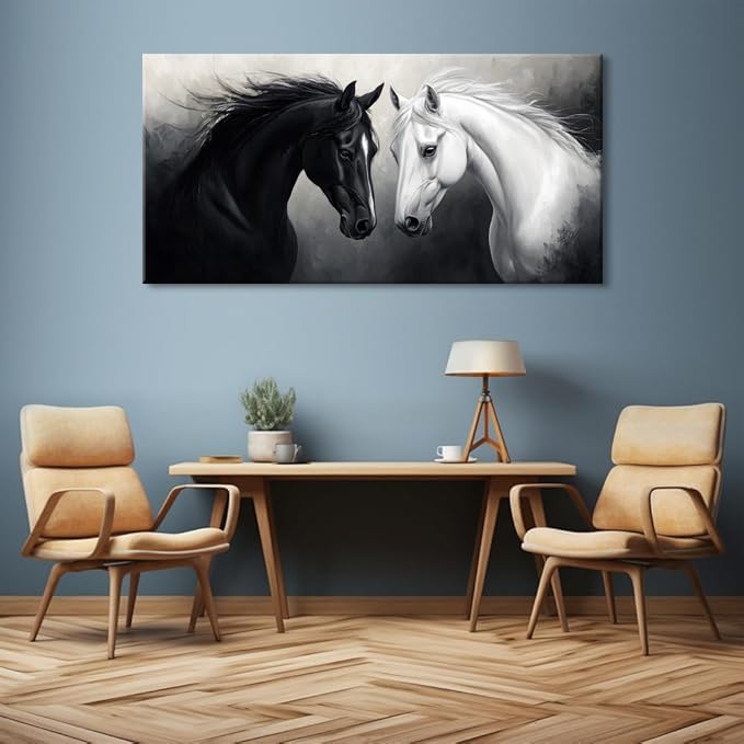 Multicolor Oil Painting Two Horses Wall Art for Living Room Office Classical Art Equine Portrait Painting Prints Vintage Canvas Artwork Dining Bedroom Decor Extra Large (Abstract / Black White Two Horses Wall Art / 58"L x 28"W)