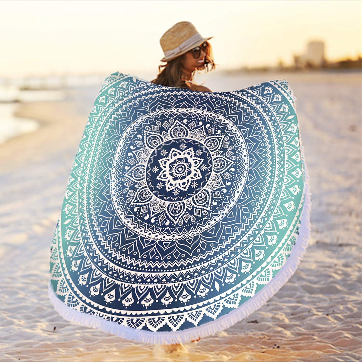 Microfiber Mandala Round Blue Beach Towel Blanket (Blue Mandala Beach Towel 01)