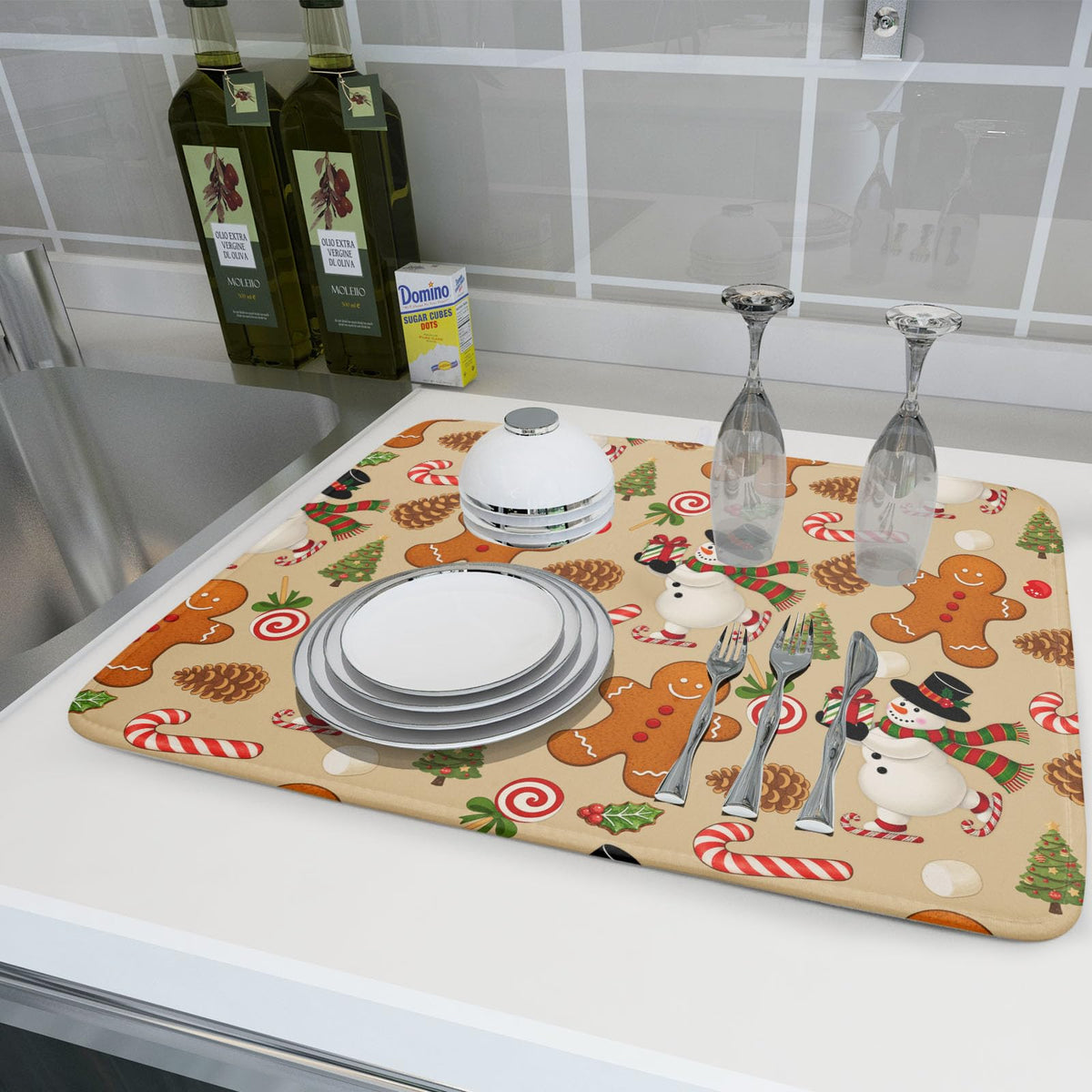 Xmas Gingerbread Man Candy Cane Dish Drying Mat for Kitchen Counter (Gingerbread Man / 18" x 24")