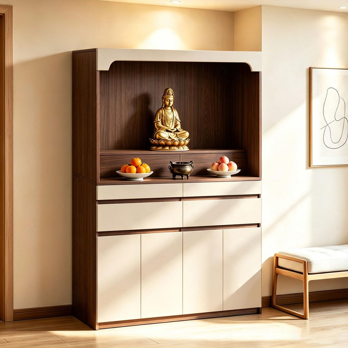 Altar Table Pooja Cabinet with Drawers and Storage Cabinets (39.4×15.7×65.4in / Beige+dark Brown Wood Tone)