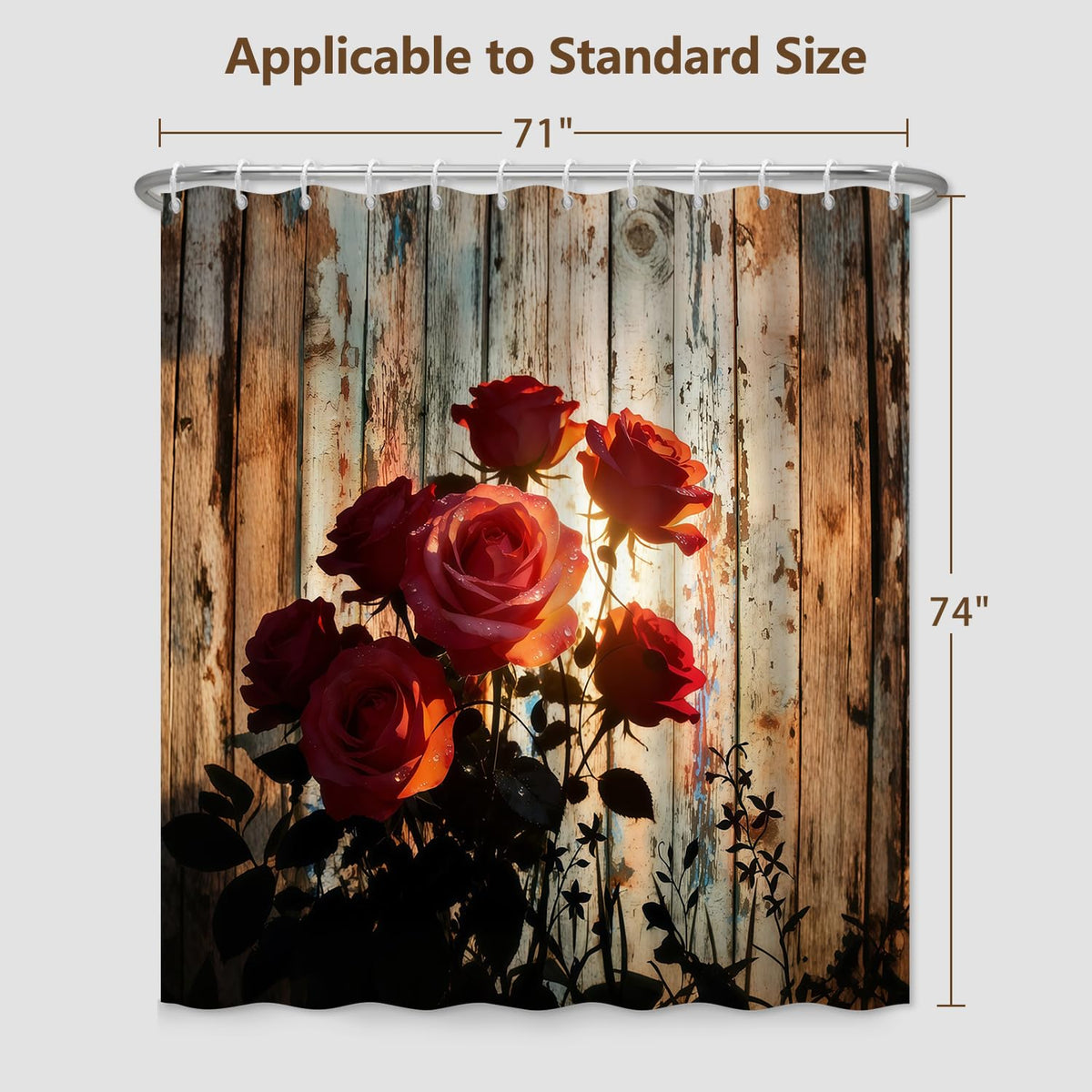 71″ x 74″ Rustic Floral Shower Curtain with Hooks (Red Rose)