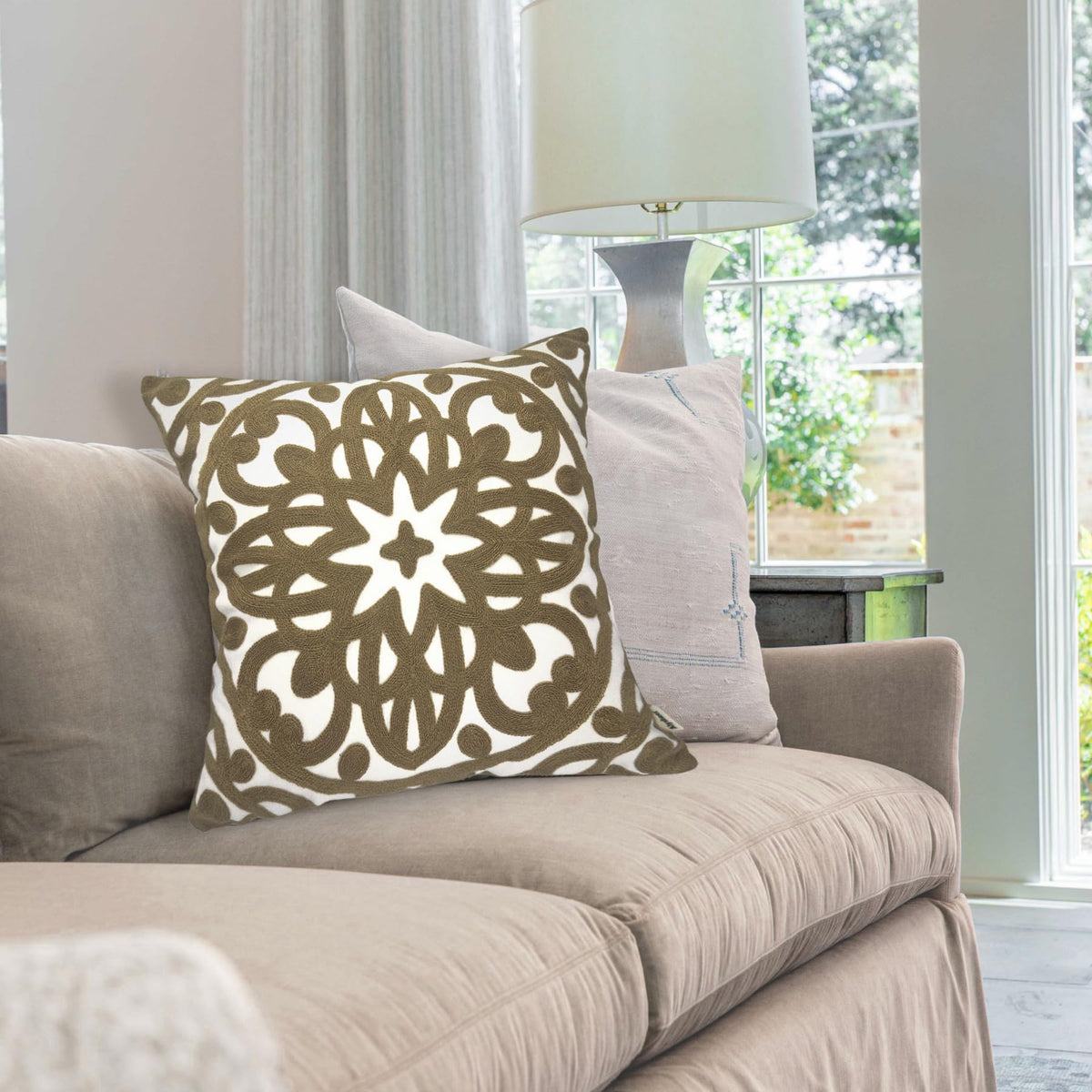 Boho Embroidered Throw Pillow Cover 18"x18" Set of 2 (Taupe Khaki / 18" x 18" (Pack of 2))