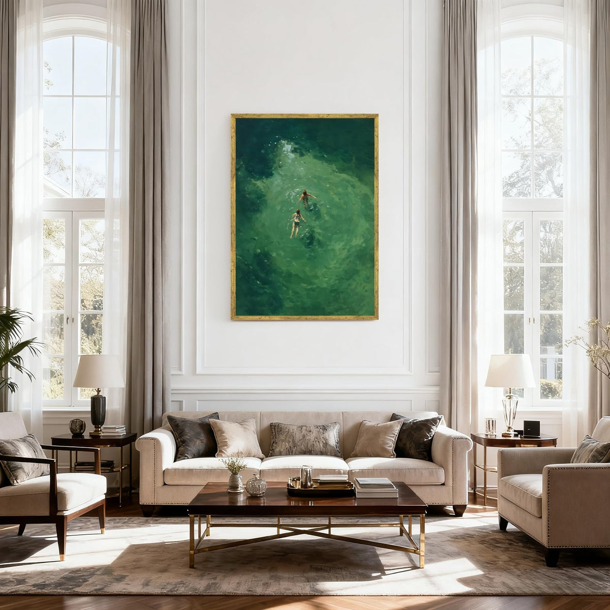 Gold Framed Swimmers Wall Art Swimming in Green Abstract Canvas Poster Aerial View Summer Ocean Painting Print Minimalist Relaxing Coastal Artwork for Bedroom Beach House Decor 24x36inch (24"L x 36"W / Swim - Gold Frame)