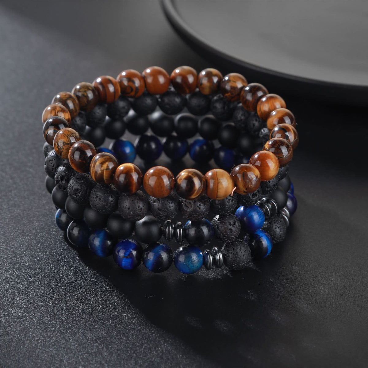Tiger Eye Bracelet For Men 8MM Natural Stone Beads Bracelet Set Stretch Lava Rock Bracelets Adjustable Black Crystal Beaded Bracelet for Men Women Gifts (4,lava rock,tiger eye,blue,black)