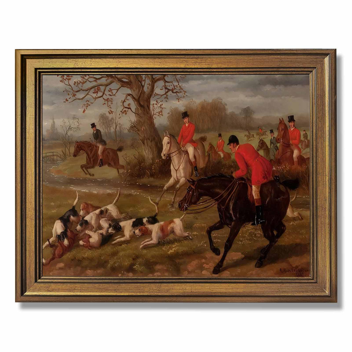 Gold Framed Vintage Equestrian Fox Hunting Wall Art Classic 19th Century Sports Oil Painting Reproduction Posters Antique Horseback Scene Pictures Rustic Country Canvas Prints Home Decor 8x10inch (8"L x 10"W / Hunting)