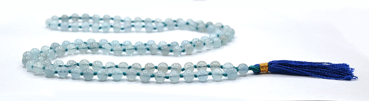 Aquamarine Buddhist Prayer Beads Japa Mala with 108 Meditation Beads (Hand Knotted / Aquamarine)