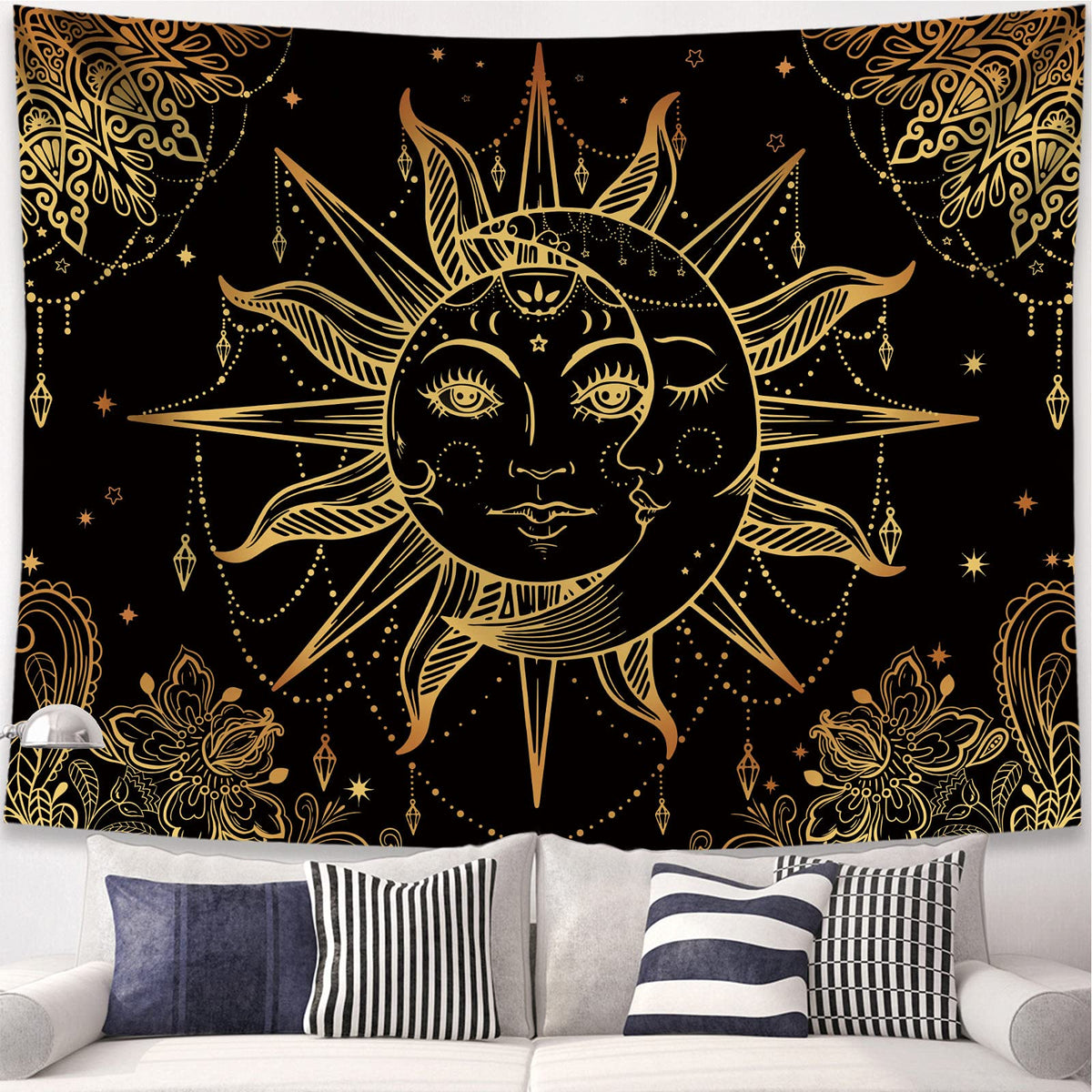 Hippie Sun and Moon Tapestry Bohemian Tapestry Aesthetic Cute Tapestries for Bedroom and Living Room Decor Sun 60×80 Inches (Golden Black / 80"L x 60"W)