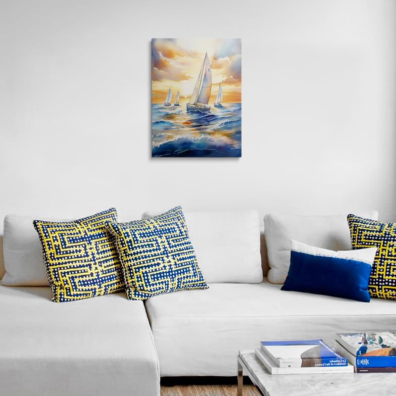 Sunset Sailboats Ocean Watercolor Canvas Wall Art Framed Painting Seascape Wall Decor Artwork Print Poster Calming Peaceful Blue Waves Golden Sky Coastal for Bathroom Living Room Bedroom 16x24 Inches (sailboat / 24"L x 16"W)