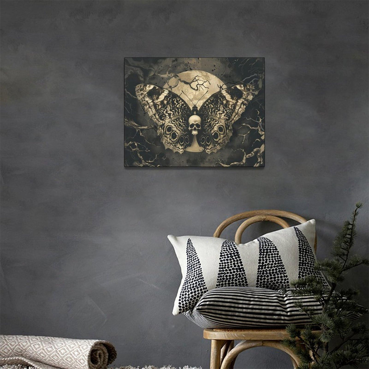 Gothic Skull Wall Art Spooky Skeleton Butterfly Pictures Decor Goth Moon Horror Canvas Painting Home Artwork Decorations for Halloween Bathroom Living Room Bedroom 16x12 inch (16"L x 12"W / Skull Butterfly)