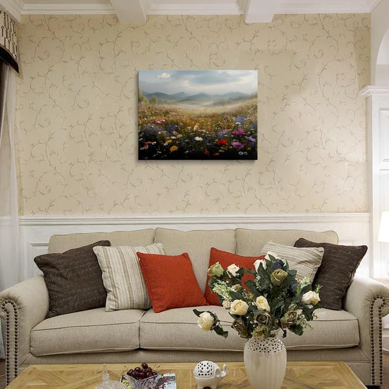 Vibrant Wildflower Meadow Canvas Wall Art Framed Landscape Painting Colorful Floral Field Poppy Lavender Hills Calming Nature Wall Decor Artwork Print Poster 12x16 Inches (wildflowers1 / 16"L x 12"W)