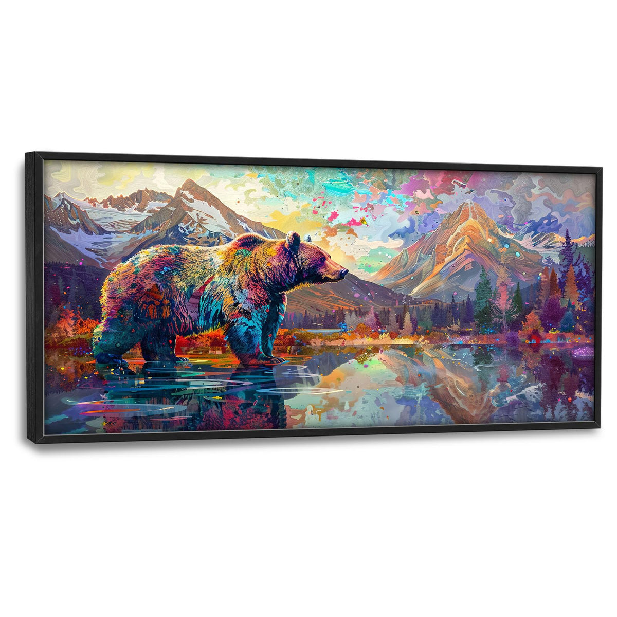 Bear Large Wall Art Bear Mountain Pictures Wall Decor Lake Landscape Canvas Painting Modern Artwork Home Decoration for Living Room Bathroom Bedroom Office Framed 60"x30" (Bear / 60"L x 30"W)