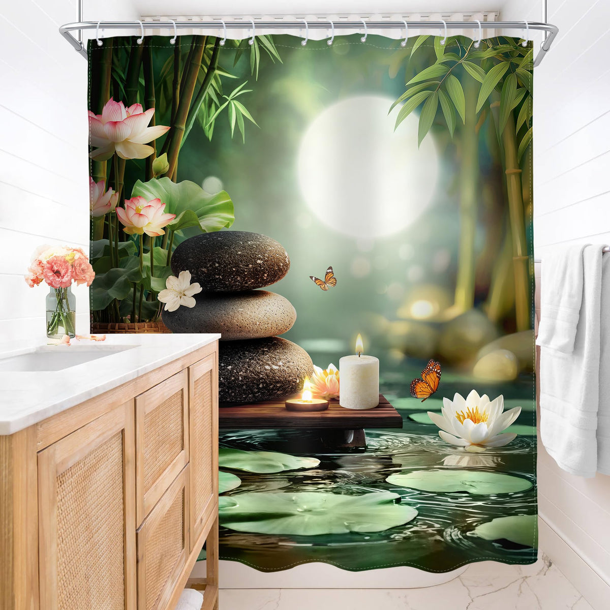 Zen Bamboo Lotus Moon Shower Curtain Stone Spa Pastel Candle 60Wx72L Inch (E-green Pink / 60"W x 72"L (Pack of 1))