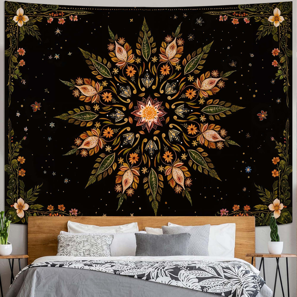 Boho Floral Mandala Tapestry for Bedroom Aesthetic Vintage Bohemian Flower Wall Tapestry Black Green Hippie Indian Extra Large Tapestries Wall Hanging for Living Room Dorm Decor 90 x 68 Inch (Black Green / 90"L x 68"W)