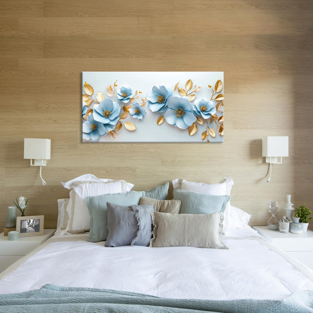 Aqua Blue Flower Wall Art for Bedroom Canvas Painting Prints Pretty Floral Modern Nature Gold Elegant Artwork Office Girls Room Decor (40L" x 20W" / Gold and Blue Wall Art(k830))