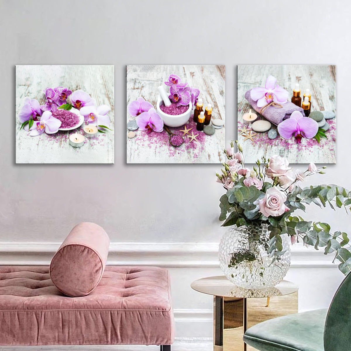 3Pcs Purple Zen Orchid Flowers Lavender Spa Canvas Prints Art Zen Floral Wall Art Aromatherapy Bath Salts Decor for Home Purple Ready to Hang Canvas Art for Relaxation Wellness Spaces (14X14inchX3pcs / Spa&Orchid)