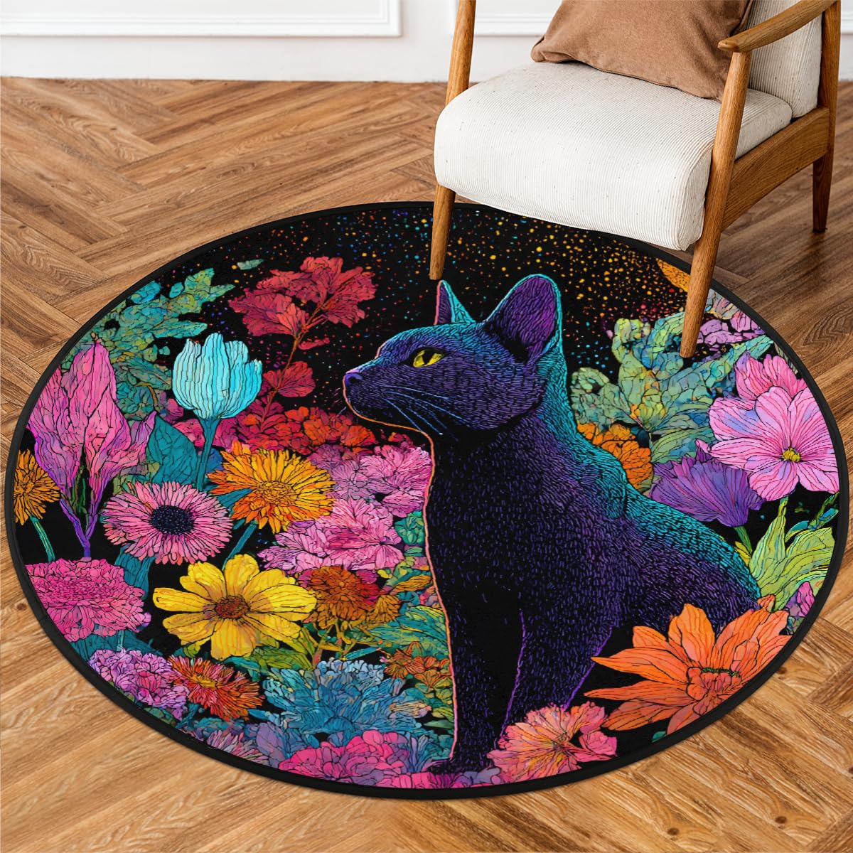 3 Ft Cat Flowers Round Rug Circle Area Rugs Circular Door Mat for Indoor (Color42 / 3' (Round))