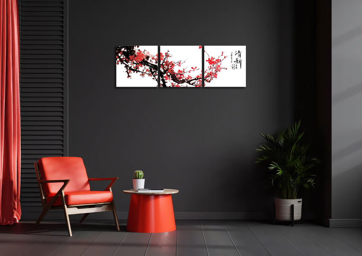 Small Size Traditional Chinese Painting of Red Plum Blossom Canvas Prints 3 Pcs Calligraphy Art Paintings Wall Art Poem Print Painting Framed 14x14inches 3pcs (Pum / 14x14 inches (3 pieces))