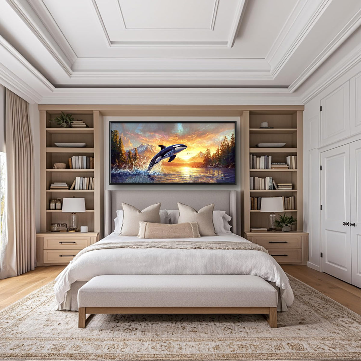 Extra Large Orca Whale Sunset Framed Wall Art for Living Room (60"L x 30"W / Orca)