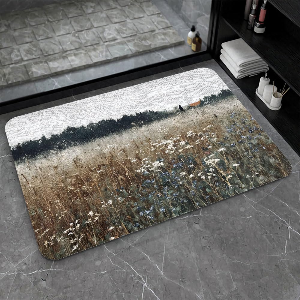 Bath Mat Bathroom Rug (Small White Blue Blossoms / 20 x 31 inches)