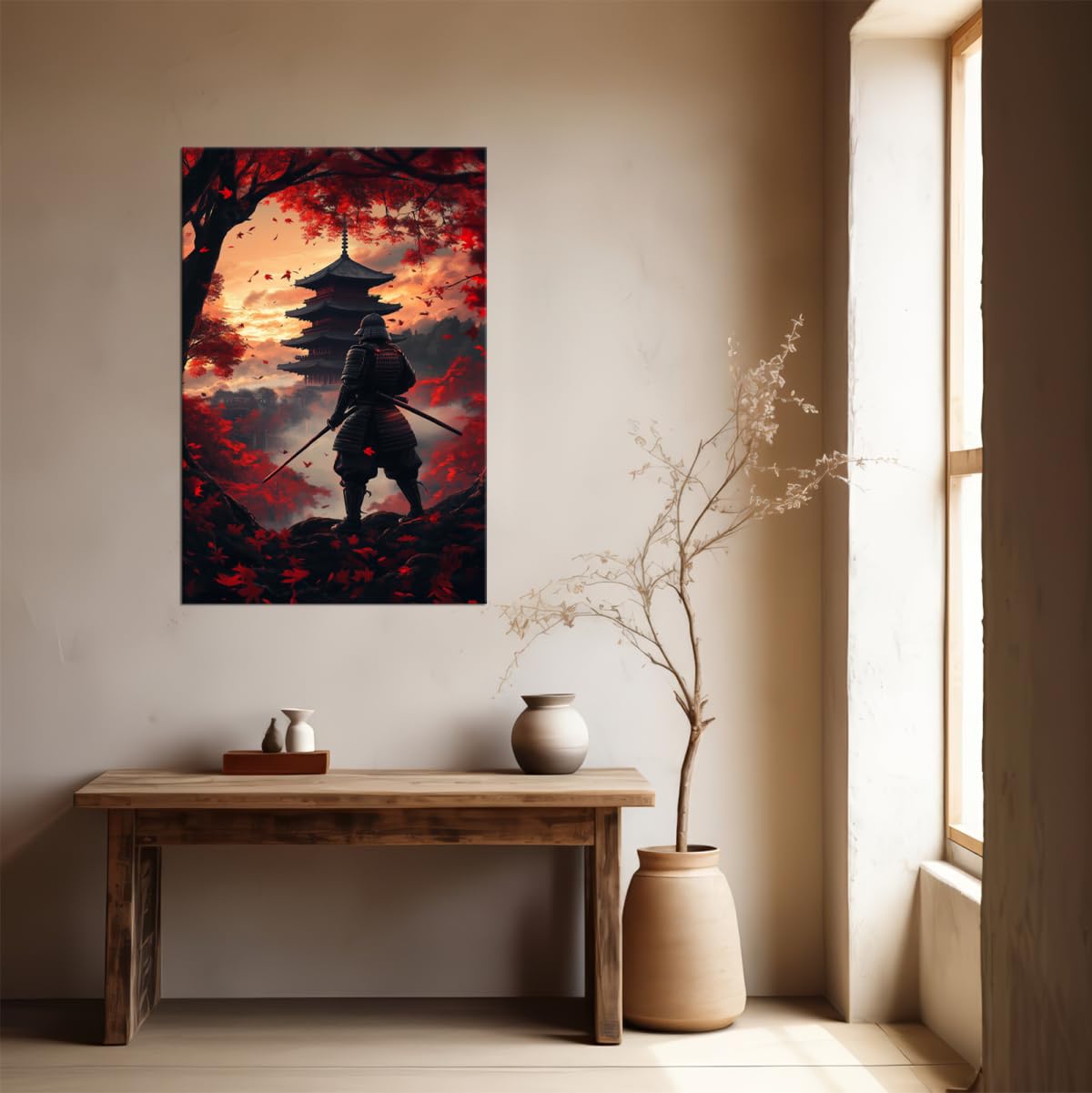 Sunset Maple Armored Samurai & Pagoda Canvas Wall Art (12"L x 16"W / Samurai12)
