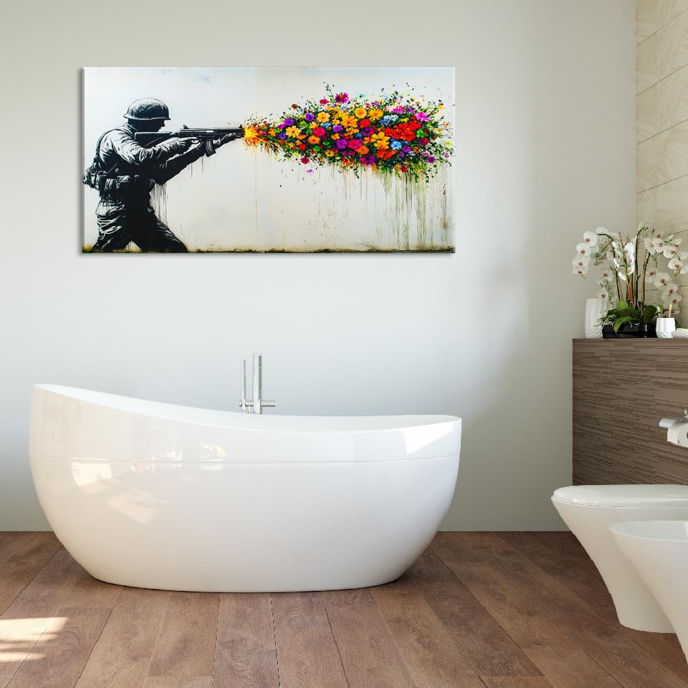 Black Soldier with Colorful Flower Wall Art for Living Room Office Peaceful Urban Contemporary Painting Prints Banksy Style Canvas Artwork Dining Bedroom Decor (Contemporary / Colorful Soldier Flower Wall Art / 40"L x 20"W)