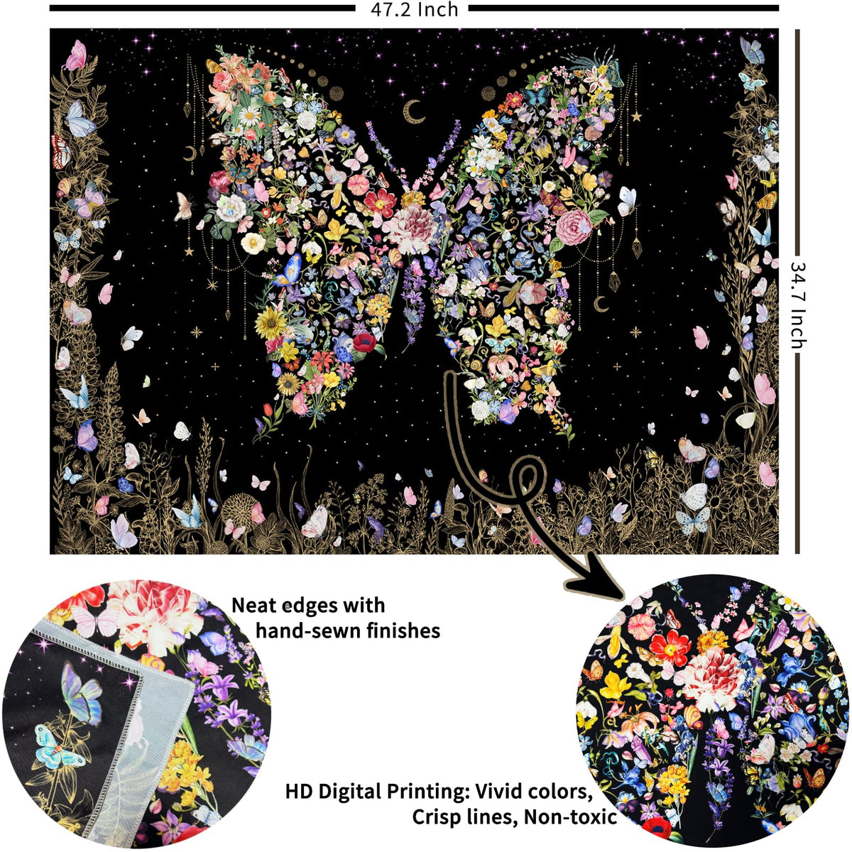 Floral Tapestry Wall Hanging Cute (47.2"L x 34.8"W / Black)