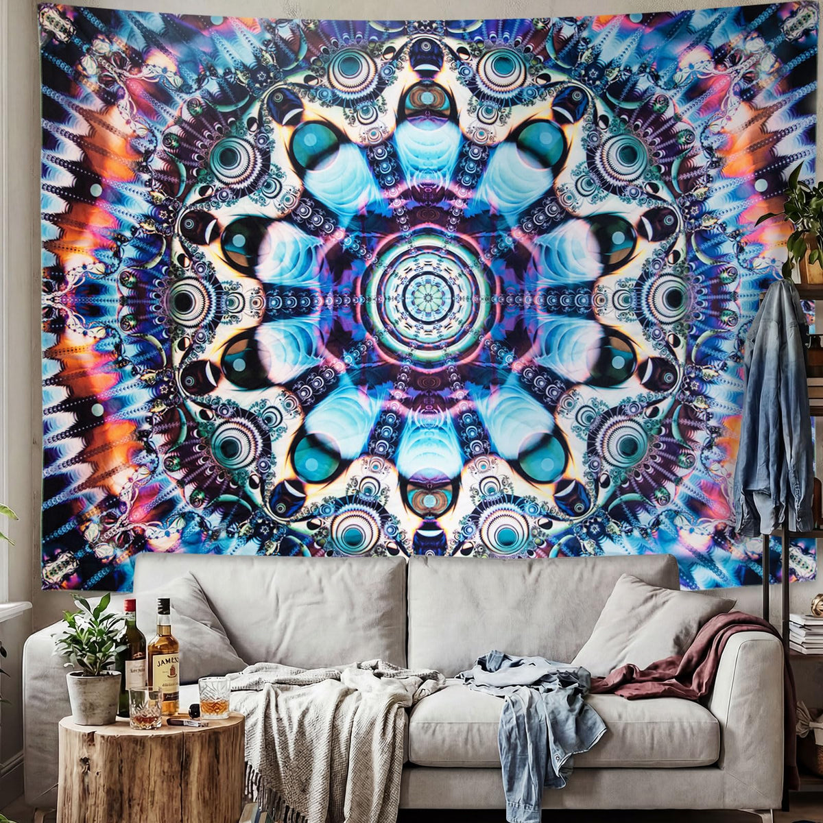 Blacklight Mandala Tapestry for Bedroom (Mandala Tapestry Blue / 51"L x 59"W)