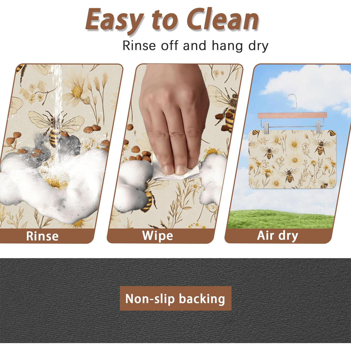Bees Boho Daisy Floral Dog Food Mat for Floors (16"L x 16"W / Bees Boho Daisy Floral)