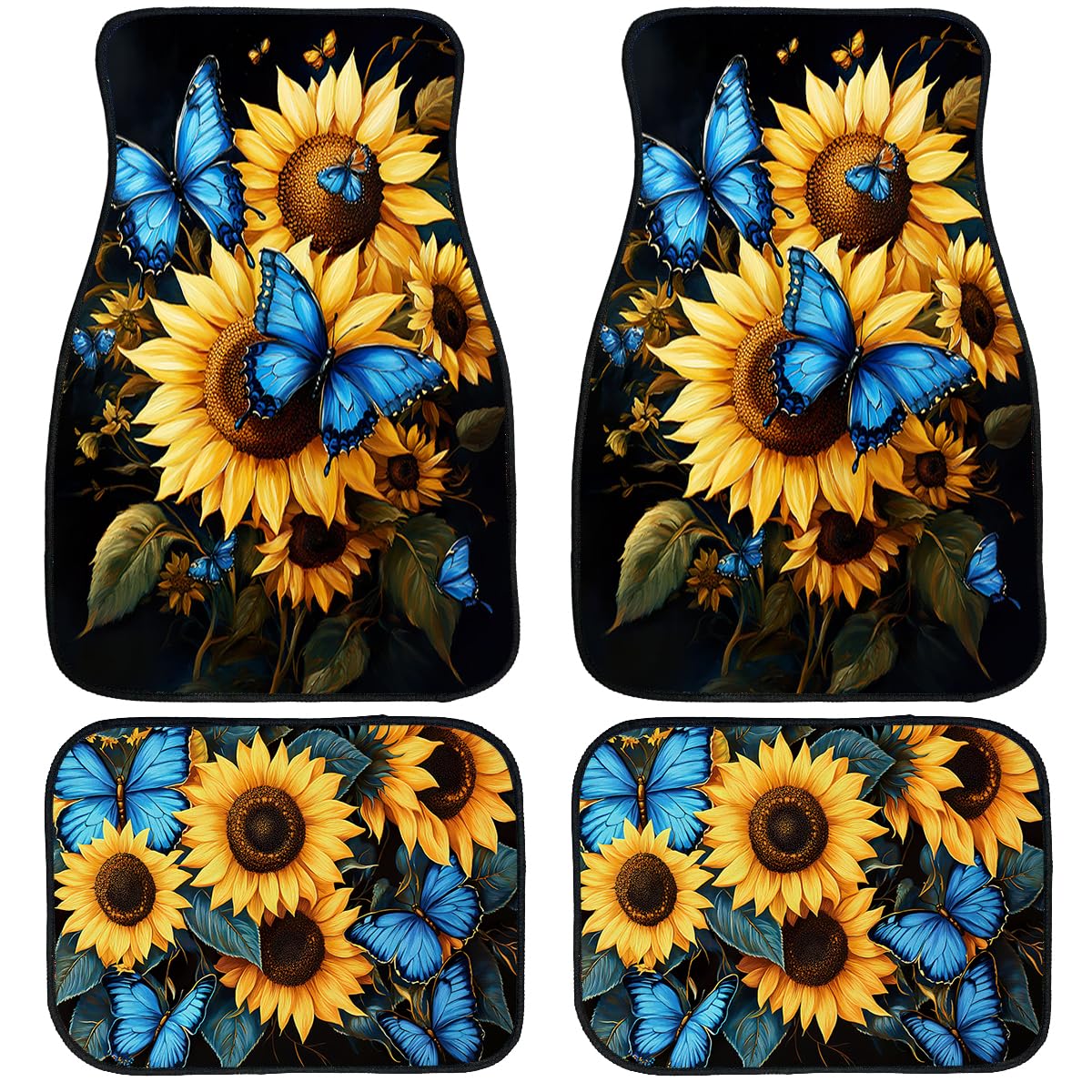 Sunflower Car Floor Mats Set of 4 Butterfly Blue Yellow Bright Color Carpet Front Rear Carpets Mat Non (26.8"L x 17.3"W x 0.4"Th / Sunflower)