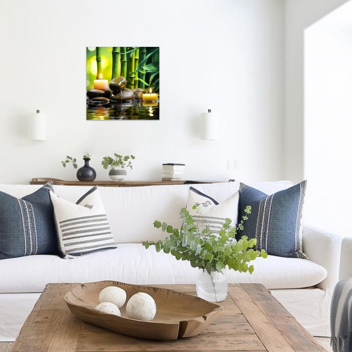 Green Zen Wall Art Stone Spa Pictures Bamboo Zen Bathroom Canvas Calming Meditation Print Relaxing Spiritual Yoga Room Office Decor Framed (C / 24.00"x24.00")