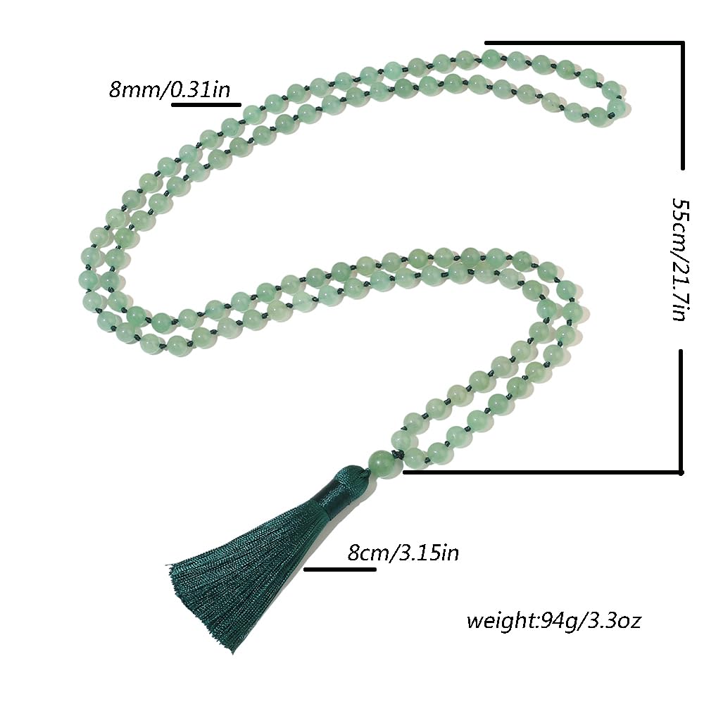 8mm Natural Stone Beads Knot 108 Mala Necklace Meditation Prayer Jewelry for Men and Women (Green Aventurine)