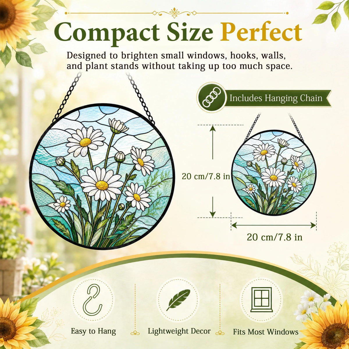 Daisy Gifts for Women Suncatcher Stained Glass Window Hanging Sun Catcher (Daisy / 7.8 x 7.8 IN)