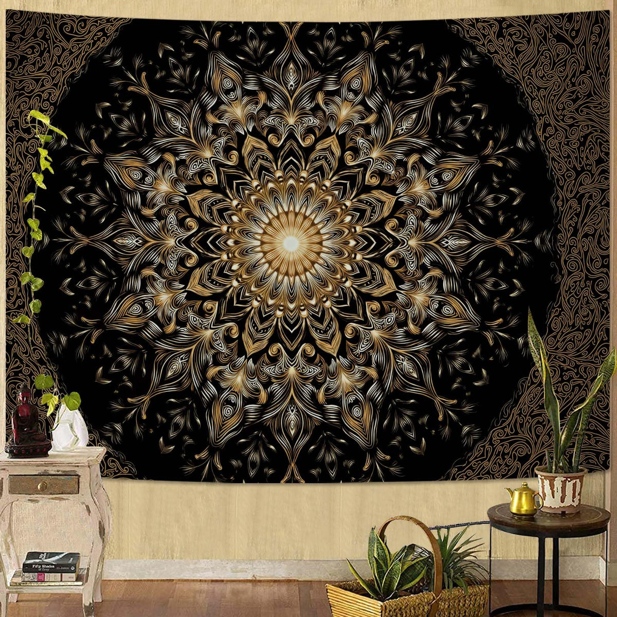 Tapestry Black Gold Luxury Mandala Tapestries Gothic Palace Tapestries Elegant Wall Tapestry Bedroom Dormitory Living Room Decoration 60"x44" (60"L x 44"W / Black Golden)