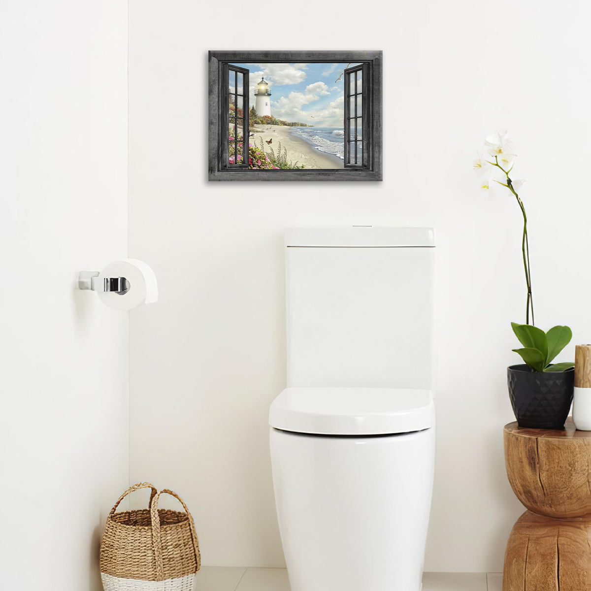 Lighthouse Nautical Wall Art Coastal Beach Pictures Canvas Prints Ocean Decorations Painting Framed Window Seascape Artwork Gifts Office Home Decor for Bathroom Dining Living Room 8"x12" (12"L x 8"W / Lighthouse Coastal)