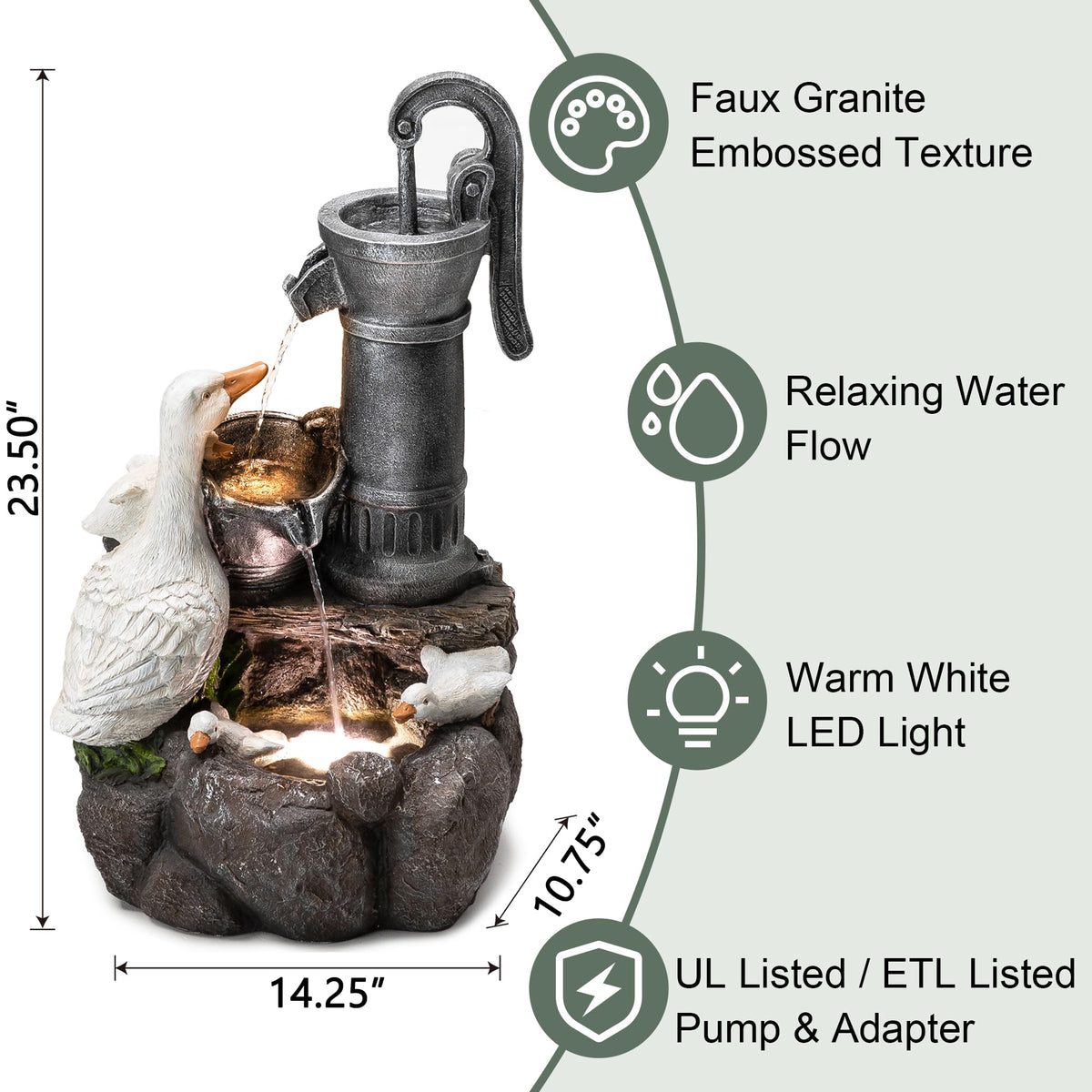 24" Farmhouse Duck Outdoor Fountain with LED & Pump (Cute Duck Family Fountain / 24"H)