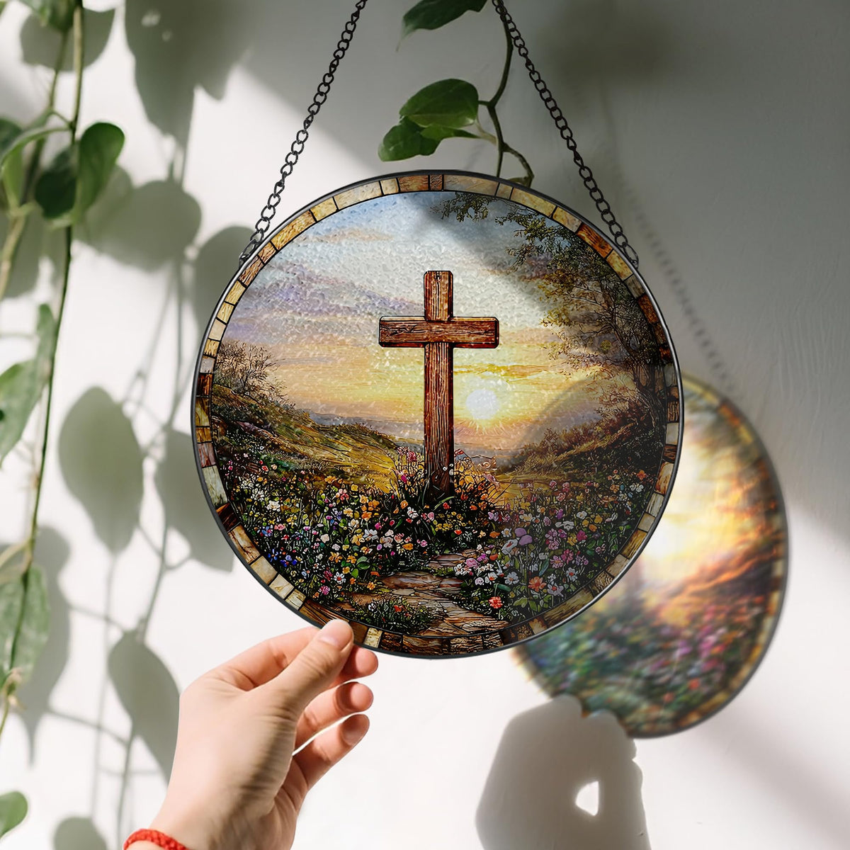 8 Inches Cross Sunset Stained Glass Suncatcher (Cross-a)