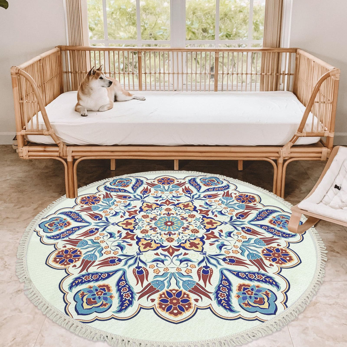 Round Floral 4Ft Boho Farmhouse Rug Circle Bohemian Bedroom Nonskid Decorative Rug with Tassels Washable Entrance Doormat Hallway Throw Carpet (Red/Blue / 4' (Round))